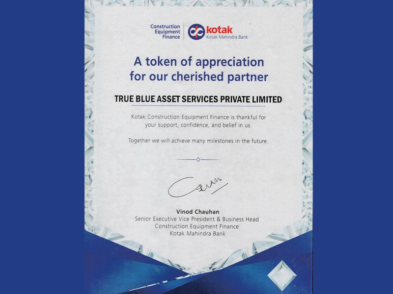 Kotak Mahindra Bank certificate of appreciation for True Blue